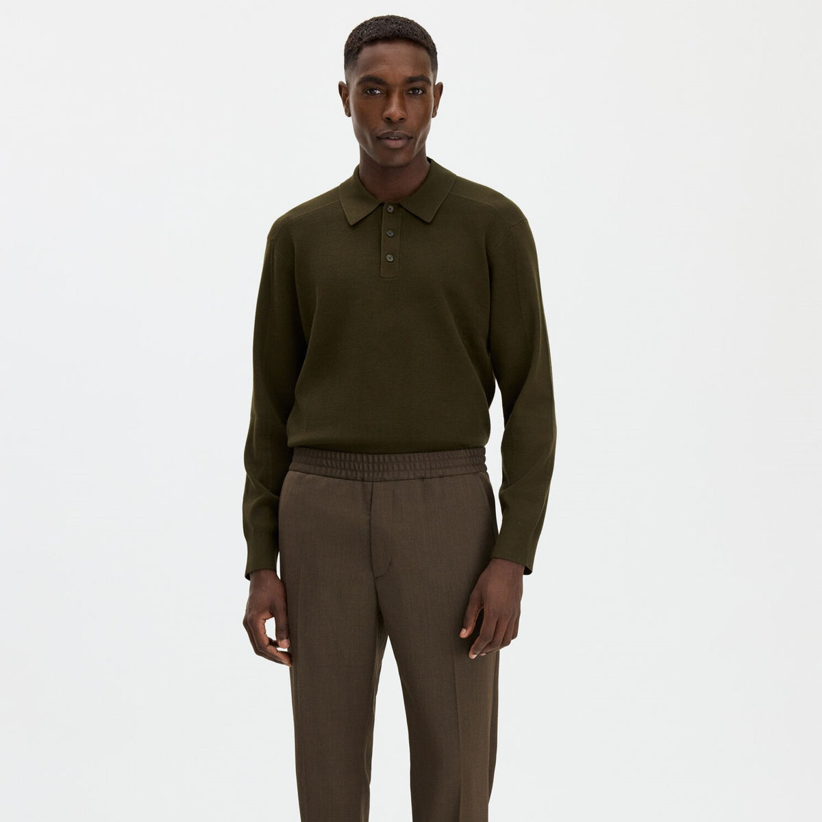 Filippa K Textured Knit Longsleeve Polo Mørkegrøn