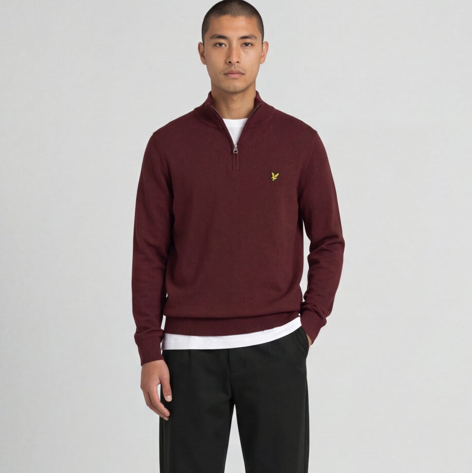 Lyle & Scott Cotton Merino Quarter Zip Sweater Bordeaux