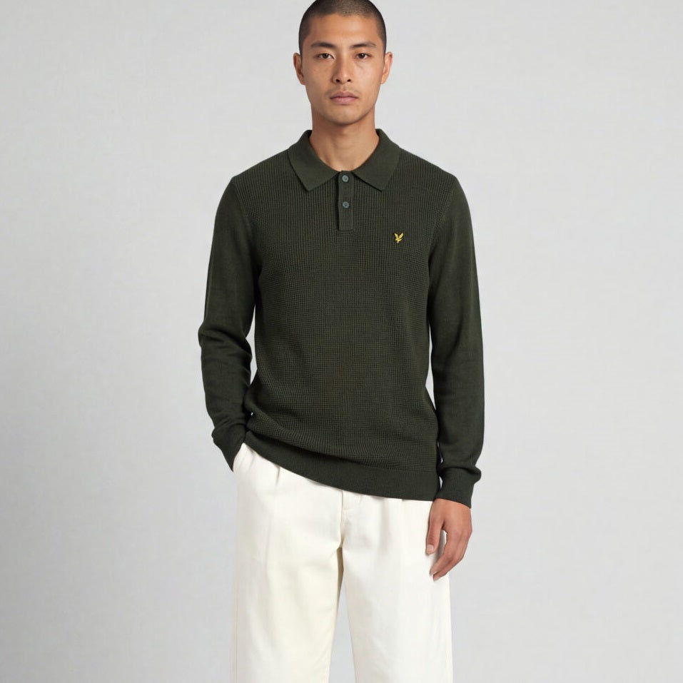 Lyle & Scott Panelled Waffle Knitted Langærmet Polo Mørkegrøn