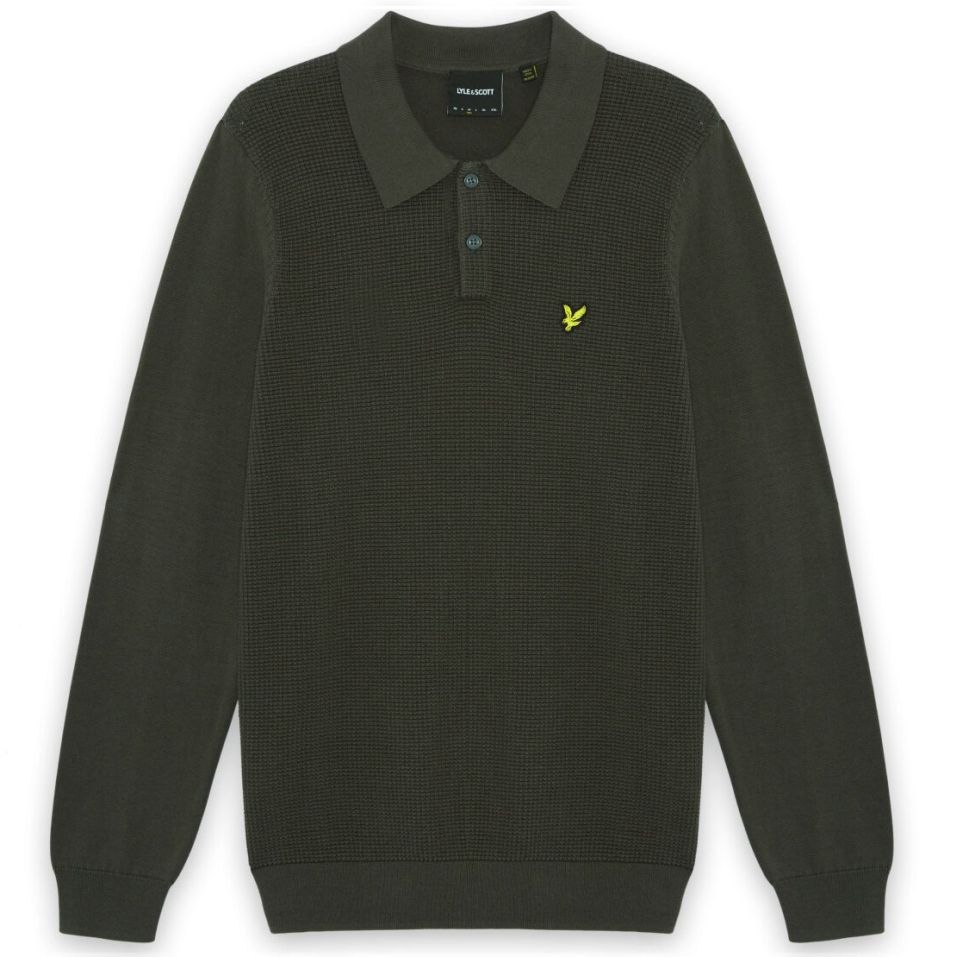 Lyle & Scott Panelled Waffle Knitted Langærmet Polo Mørkegrøn
