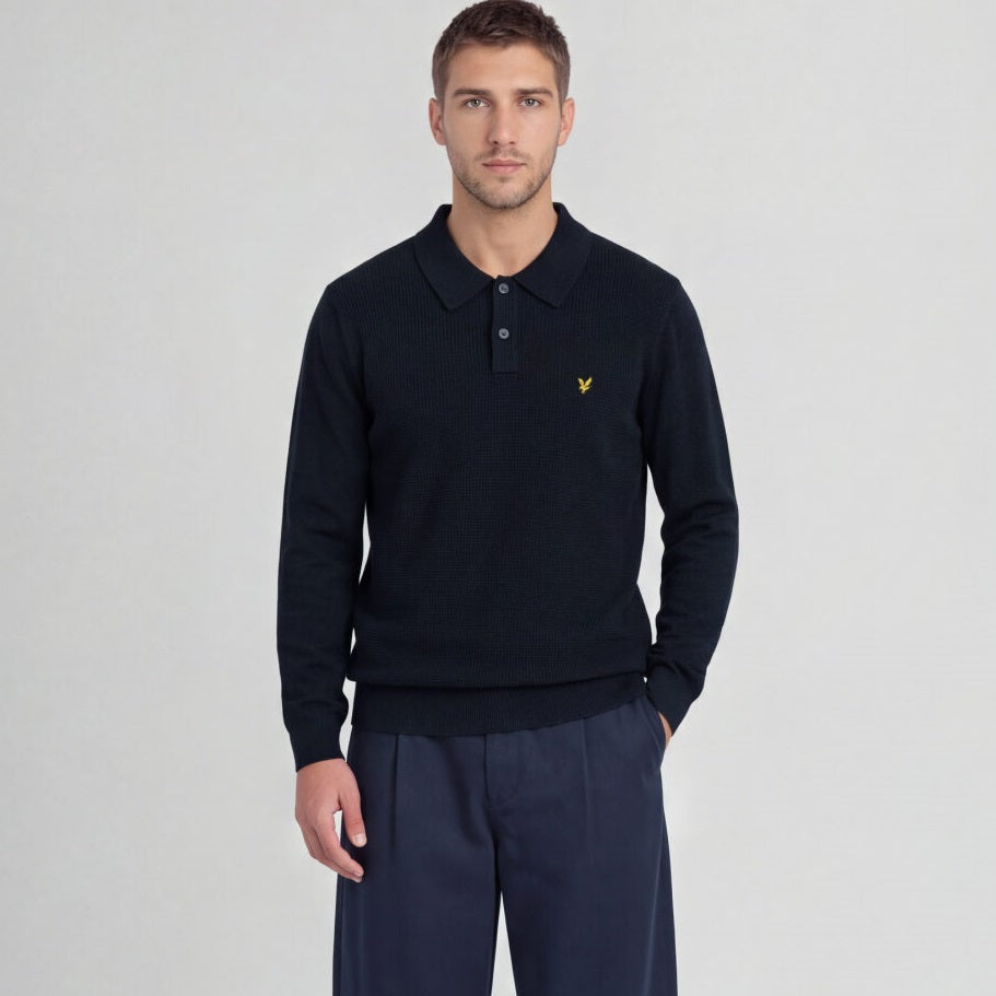 Lyle & Scott Panelled Waffle Strikket Langærmet Polo Navy