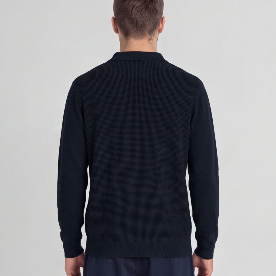 Lyle & Scott Panelled Waffle Strikket Langærmet Polo Navy