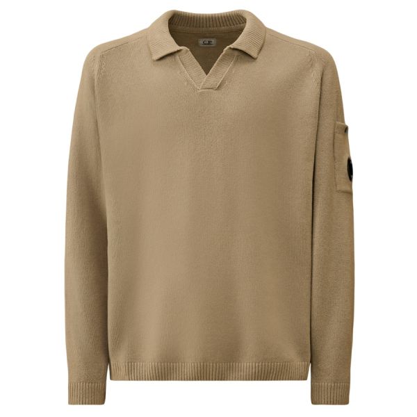 CP Company Chenille Lens Knit Polo Sweater Beige