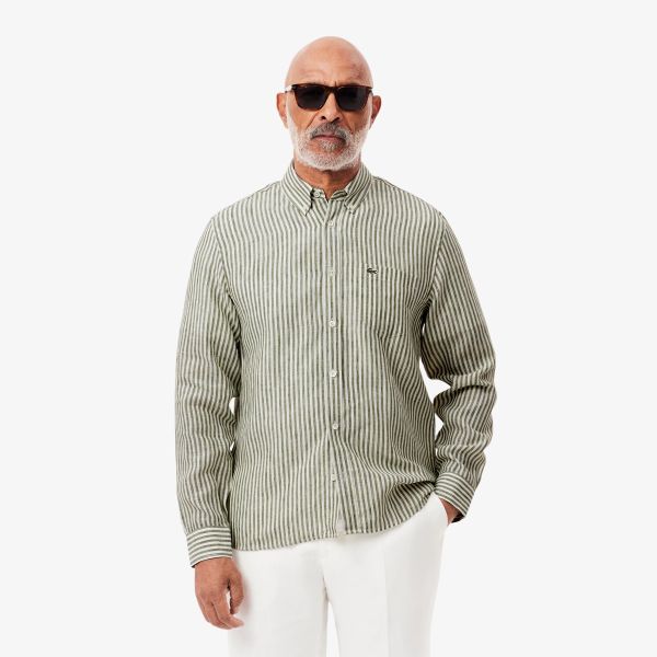 Lacoste Striped Linen Overhemd Donker Groen/Wit