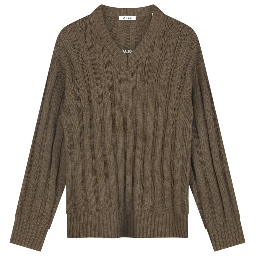 Olaf Strikket V-hals sweater med ribstruktur brun
