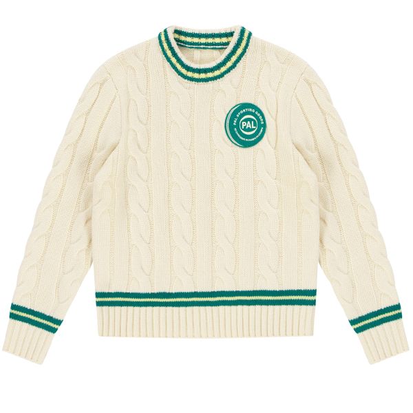 PAL Sporting Goods Bye Cable Knit Wool Cricket Sweater Off White/Groen