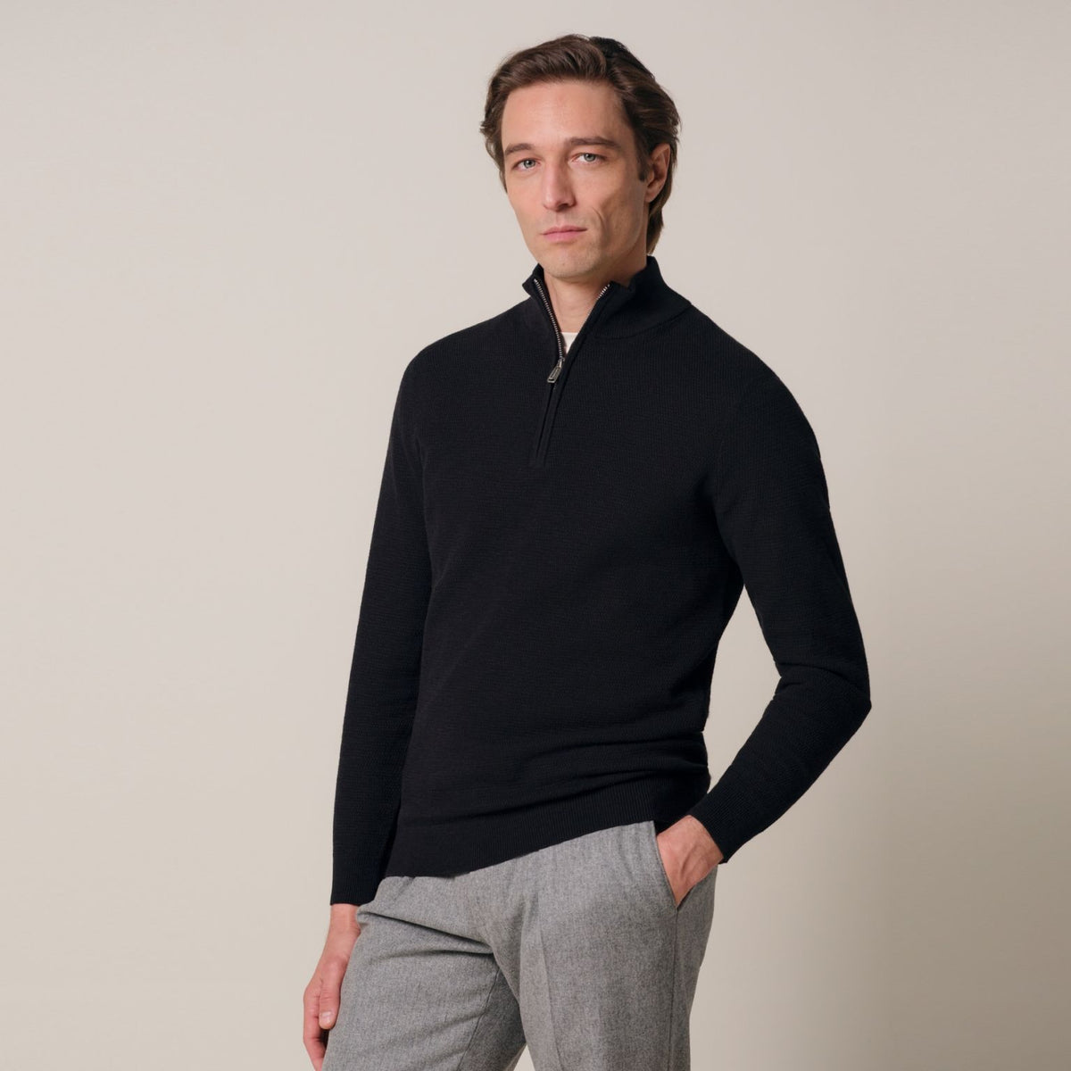 Profuomo Struktureret Half Zip Sweater Sort